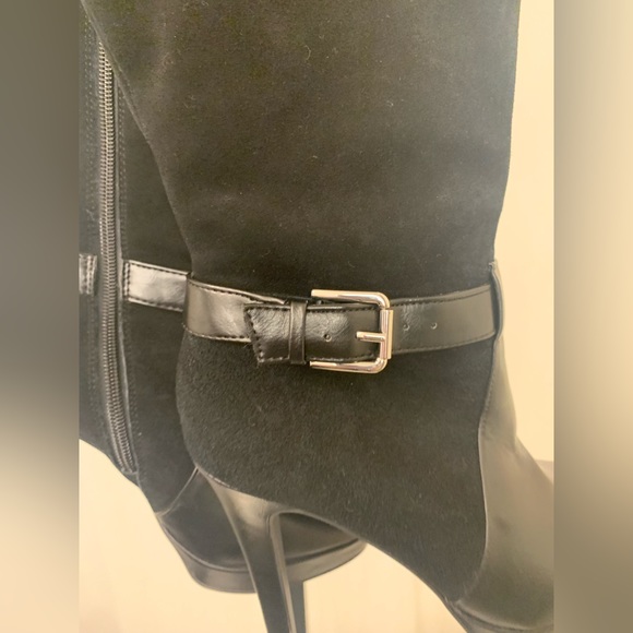 Audrey Brooke Black Leather Round Toe Tall Stiletto Heel Boots - Picture 4 of 7